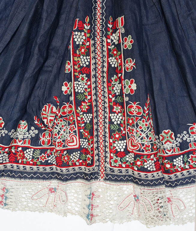 Detail of an embroidered apron from Romaina, 20th century (TRC 2022.0470, Amsel Collection).