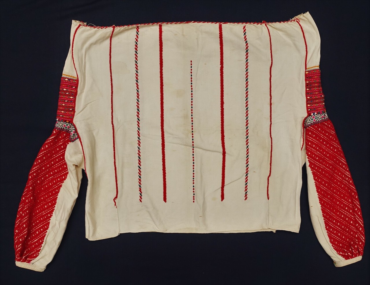 Hand embroidered, unfinished woman's blouse from Romania, 20th century (TRC 2022.0567).