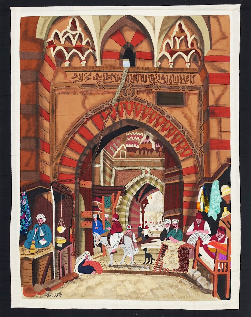 Appliqué panel from Egypt, c. 2000. Part of the so-called Arizona collection, recently acquired by the TRC (TRC 2022.1805). The scene appears to be inspired by a print by David Robert (1796-1864) called the 'Bazaar of the Silk Mercers' (c. 1846).