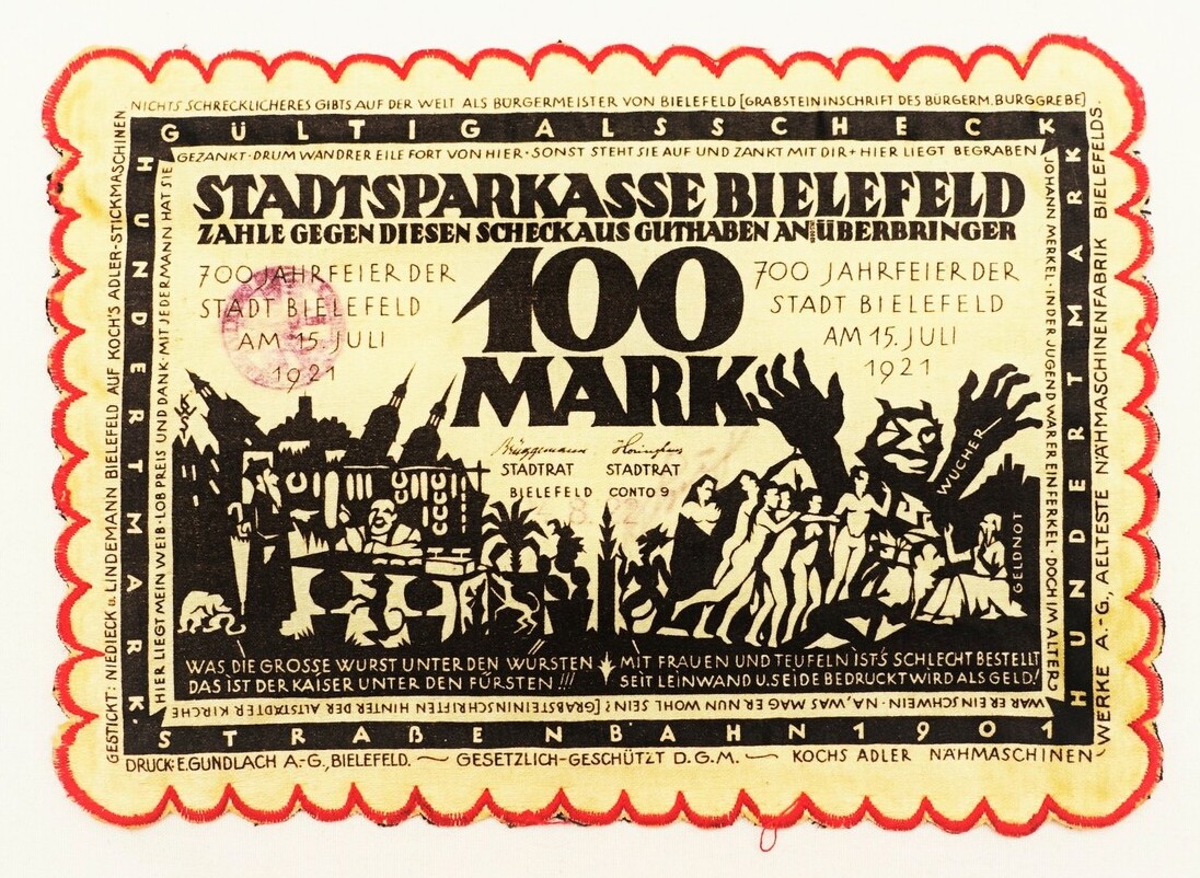 Obverse of cotton and silk 100 mark banknote, Bielefeld, Germany, 1921 (TRC 2022.2252).