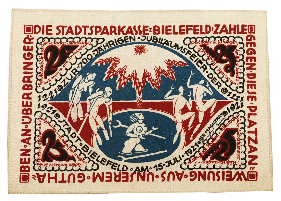 Reverse of cotton and silk 25 mark banknote, Bielefeld, Germany, 1921 (TRC 2022.2253).