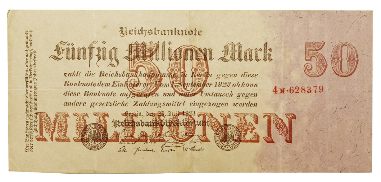 Obverse of paper 50,000,000 mark banknote, Bielefeld, Germany, 1923 (TRC 2022.2255).