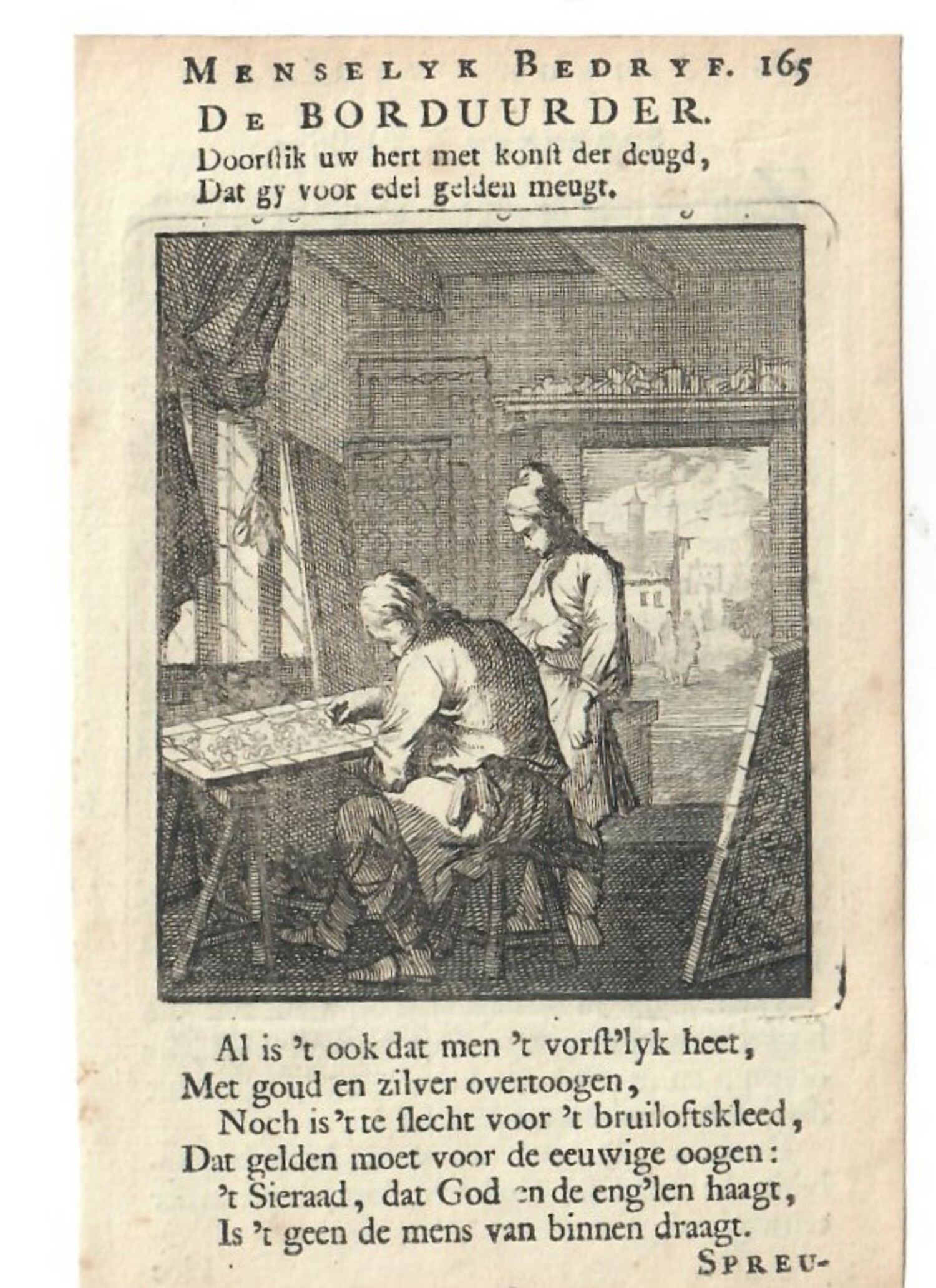 Print of an embroiderer, from Jan Luyken's 'Spiegel van het Menselyk Bedryf' (Amsterdam 1694) (TRC 2023.0002).