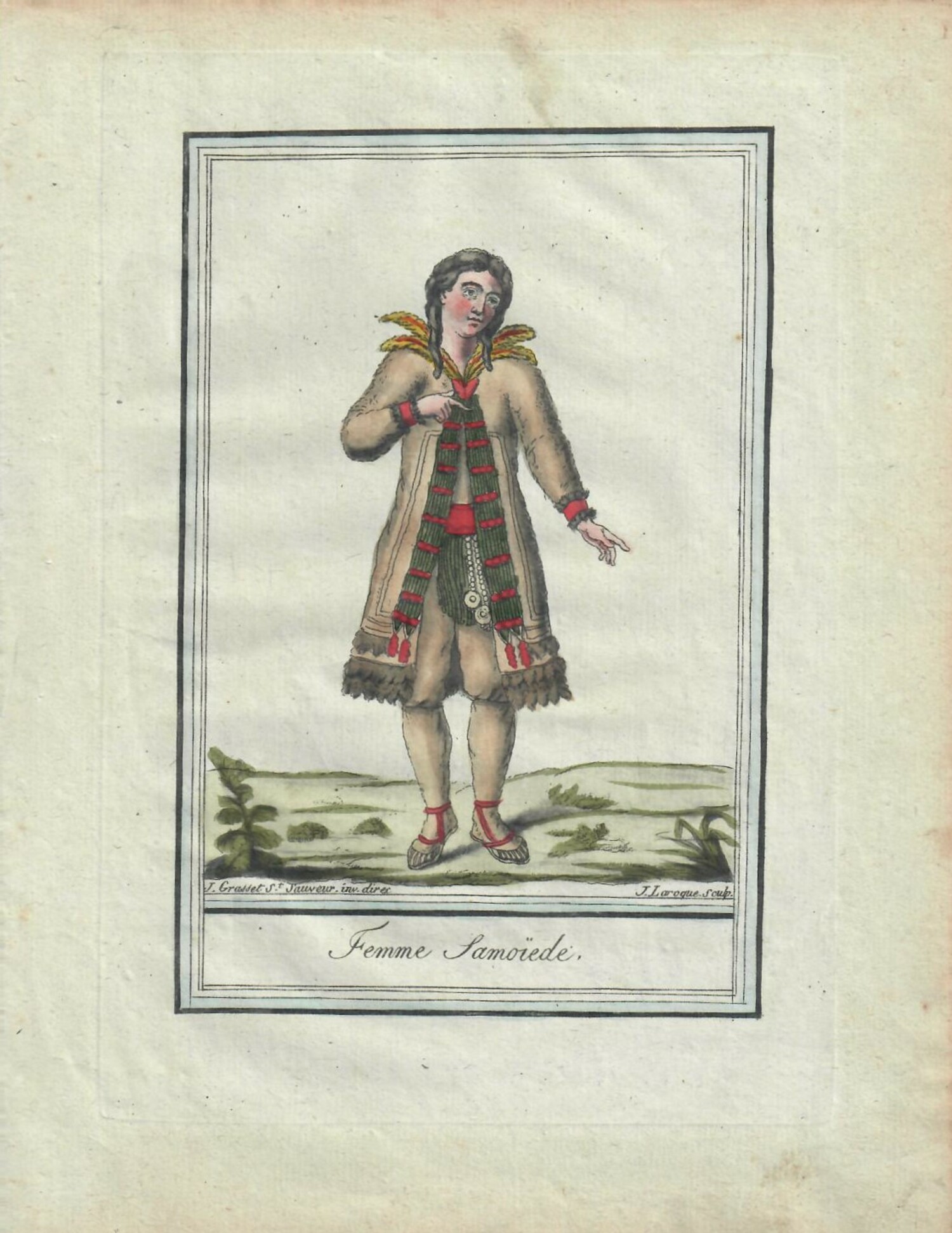 Costume print, "Femme Samoïede" ('Samoyedic woman'), from 'Costumes de différents pays' (c. 1797),  by Jacques Grasset de Saint-Sauveur, France, late 18th century (TRC 2023.0023).