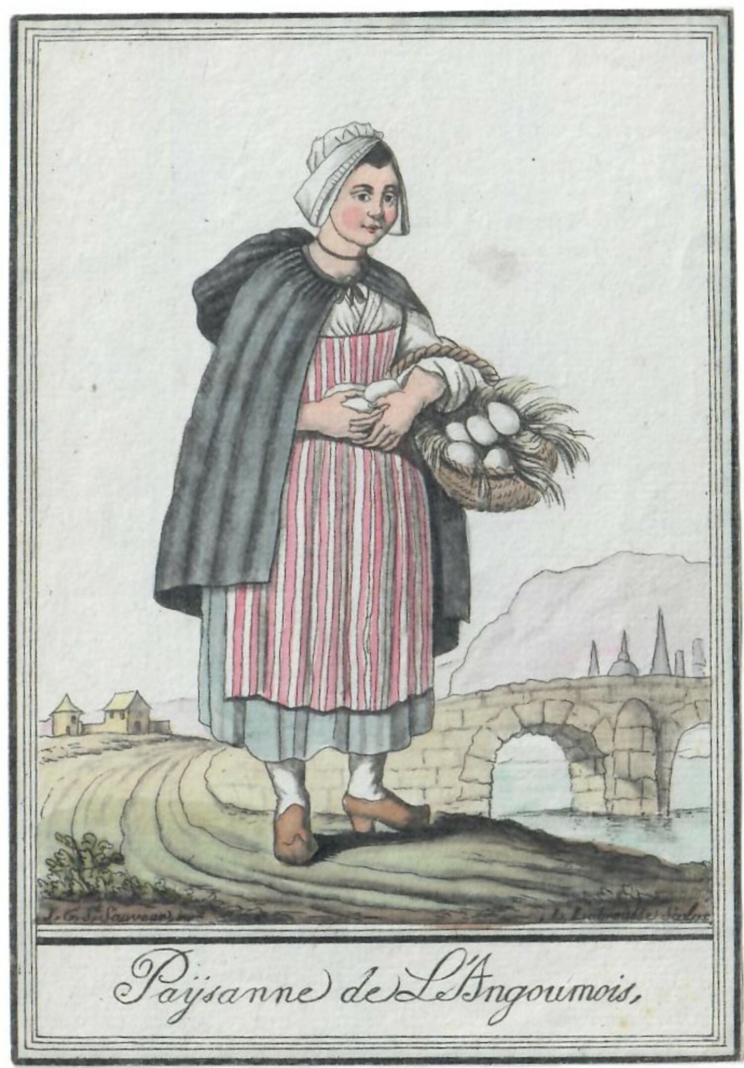 FIg. 5. Eighteenth century French print of a woman wearing a long, body covering apron (TRC 2023.0388).