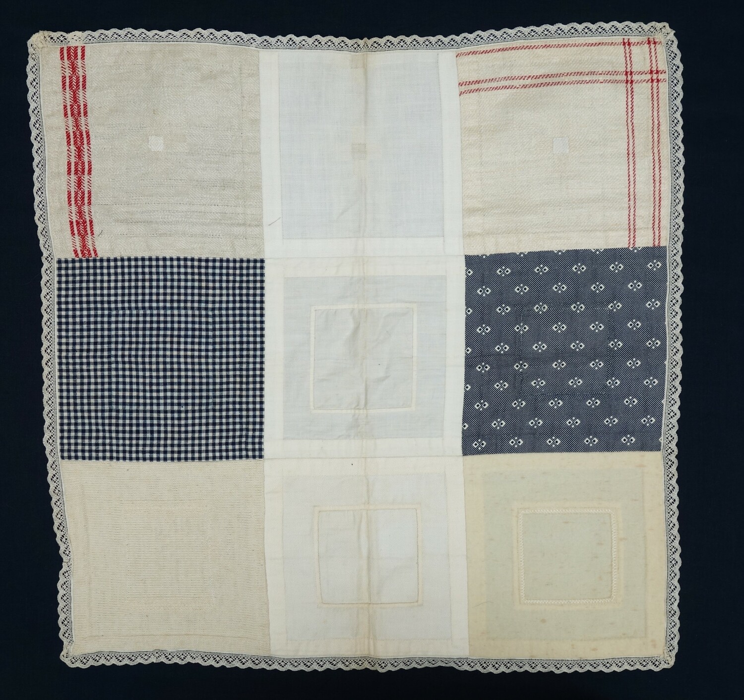 Fig. 4: School sample in the form of a patchwork cloth with nine different types of woven, knitted and printed fabrics. The Netherlands, early 20th century (TRC 2024.1673).