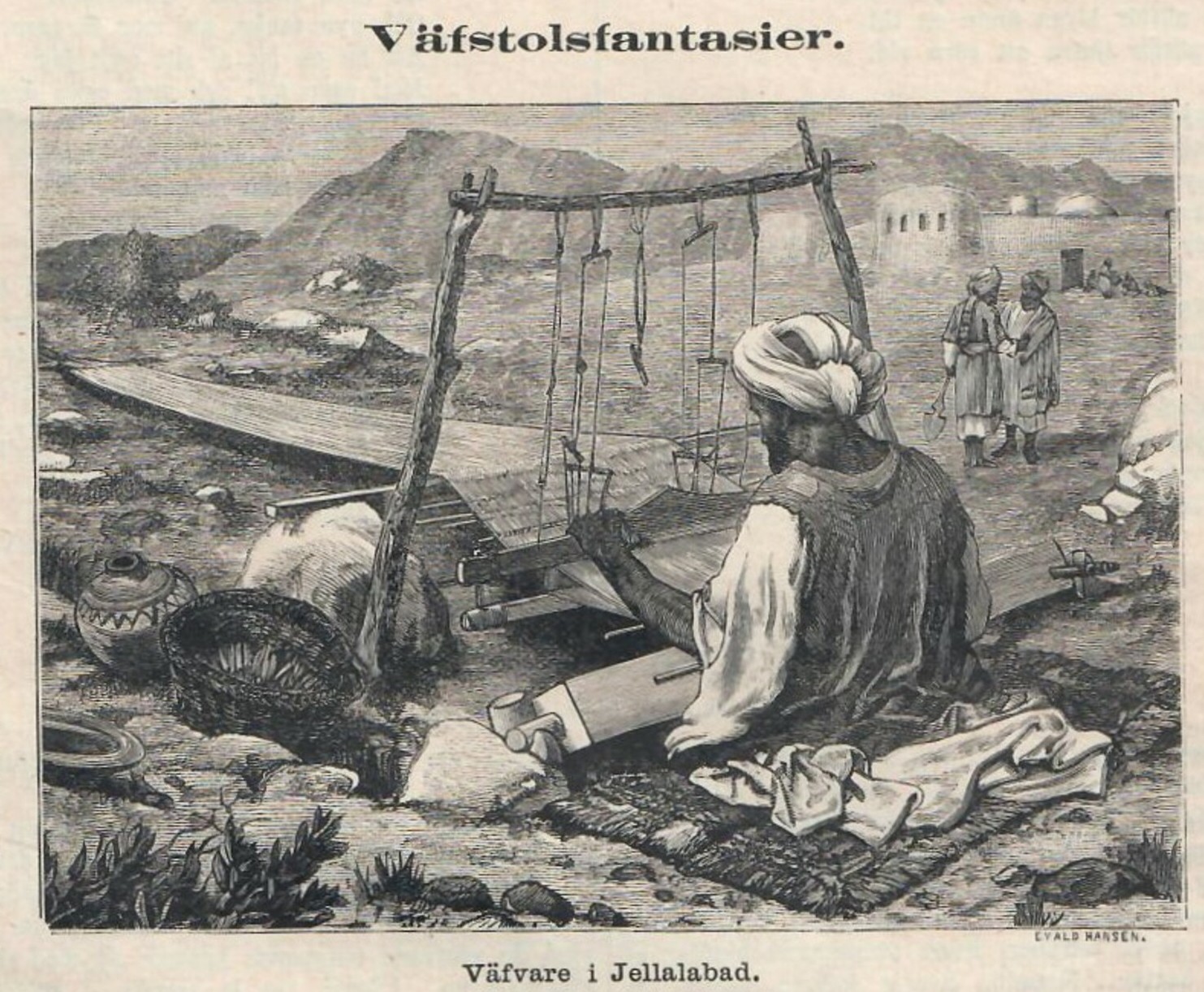 A weaver sitting in a pit loom with a long warp. The warp and cloth beams are kept in place with forked pegs. The loom operates on a four-shed principle, indicating that the weaver is creating a twill or patterned fabric. Published in Ny illustrerad Tidning, from The Illustrated London News, 17 May 1879, after a photograph by John Burke (TRC 2025.1193).
