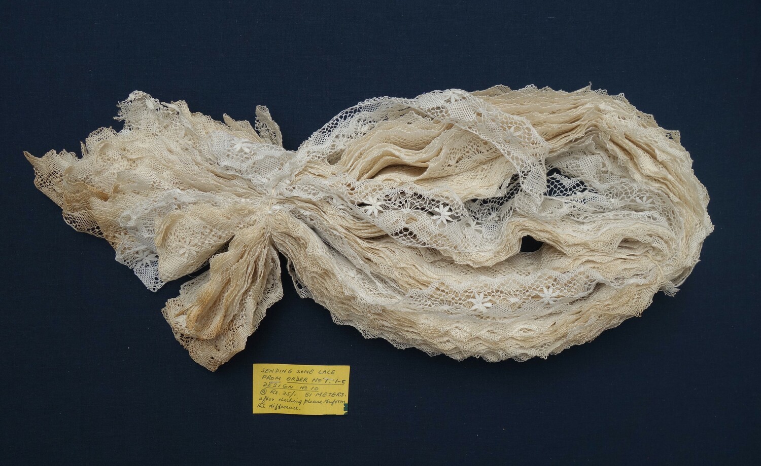 Bundle of bobbin lace (edging) from Sri Lanka, 1982. The lace was ordered by Hélène Nauta-Barge (a former occupant of Boerhaave 6) from a group in Sri Lanka with the intention of selling it in the Netherlands to raise money for the lace makers (TRC 2025.1497).