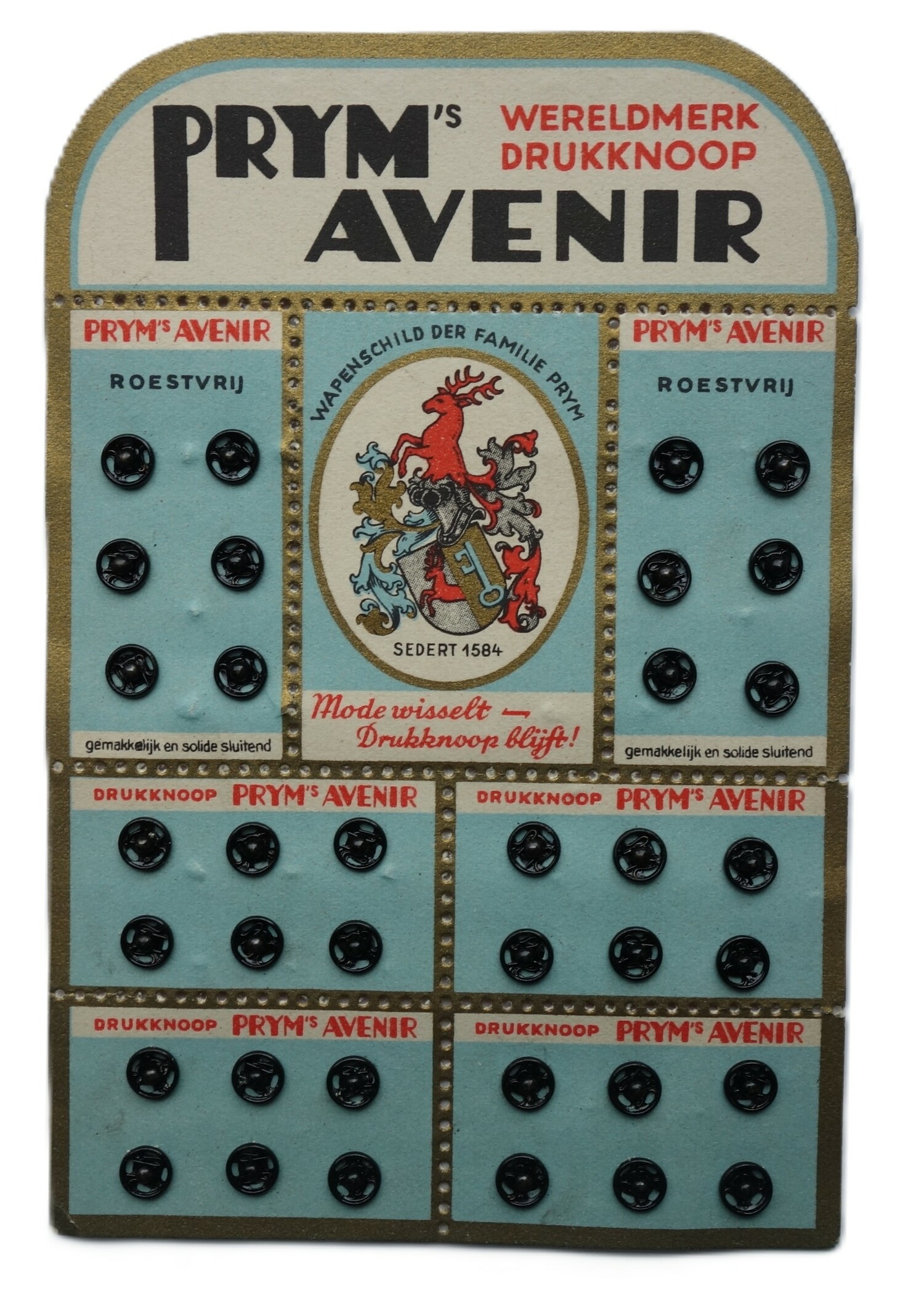 Fig. 1. Card with 6x six black press studs. There is a printed text that states: "PRYM'S AVENIR WERELDMERK DRUKKNOOP", Germany, produced for the Dutch market, early 20th century (TRC 2026.2008).
