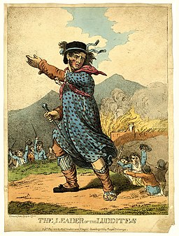 A fictitious image of Ned Ludd, leader of the Luddites. The anti-Luddite print is dated to 1812. It shows Ned Ludd in women's clothing, indicating his opposition to 'progress'.