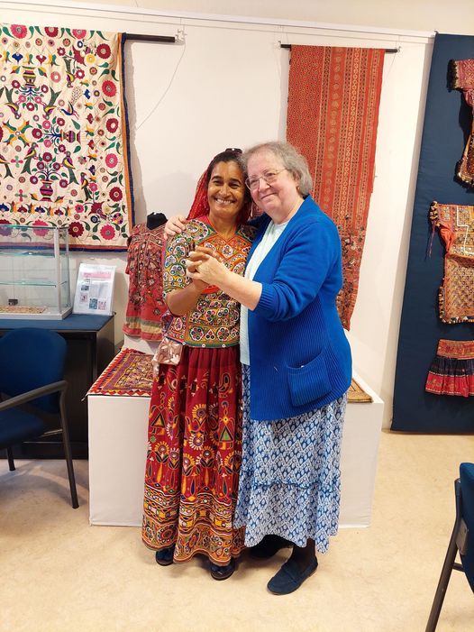 Textile sisters: master shisha embroiderer Geetaben Meriya with Dr. Gillian Vogelsang-Eastwood, at the Textile Research Centre in Leiden. Photo by Shelley Anderson