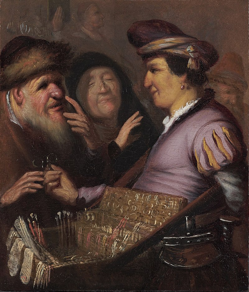 Rembrandt van Rijn, 'De Brillenverkoper,' c. 1624. Museum De Lakenhal, Leiden. Open domain.