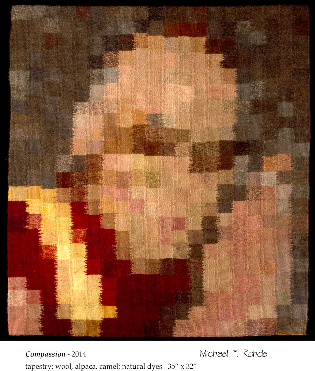 Tapestry weave by Michael Rohde, dated 2014, called Compassion. A careful observer may detect an image of the Dalai Lama.