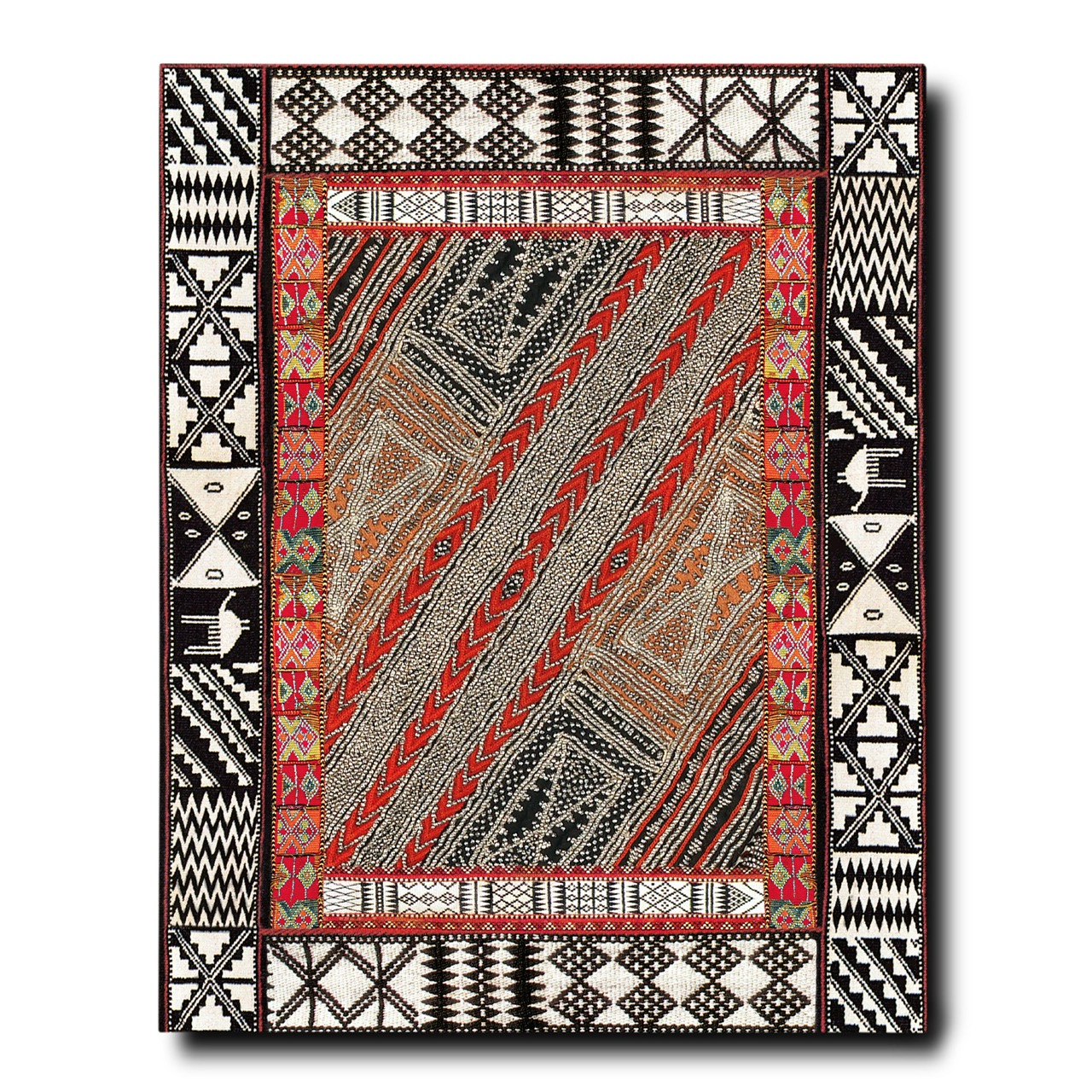 Reverse of the box containing the book “Crafts of the Kingdom: Culture & Creativity in Saudi Arabia”, published by Assouline in New York. The textile is from the TRC Collection (TRC 2005.0207).