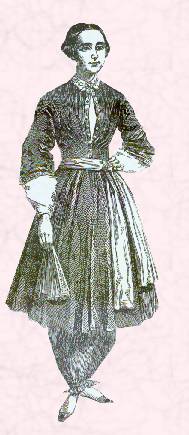 Amelia Bloomer (1818-1894), American dress reformer and suffragist, in the costume named after her.