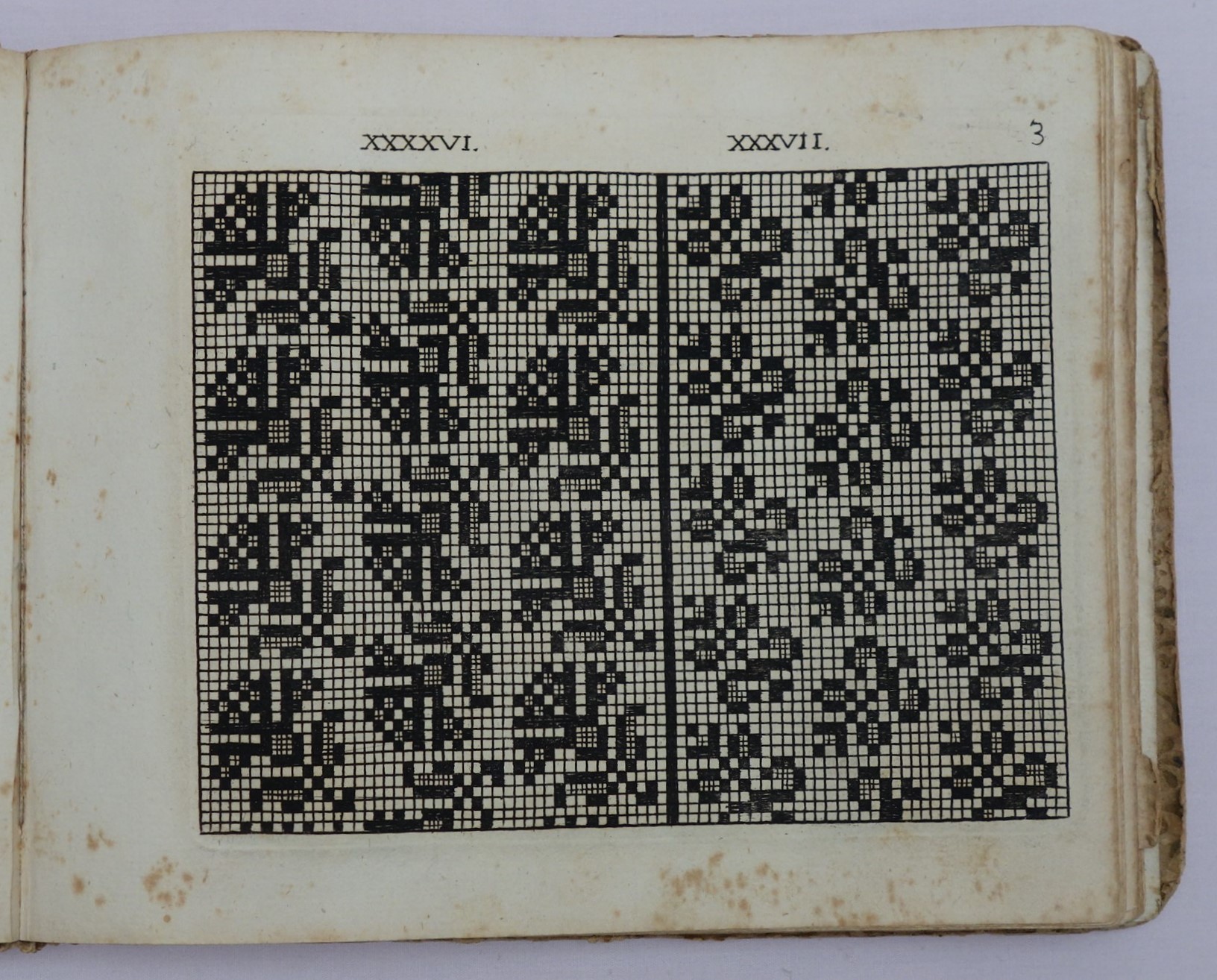Chart from Paulus Fürst's embroidery book (1666), with a repeat pattern of carnations to the left, and of a smaller flower to the right.