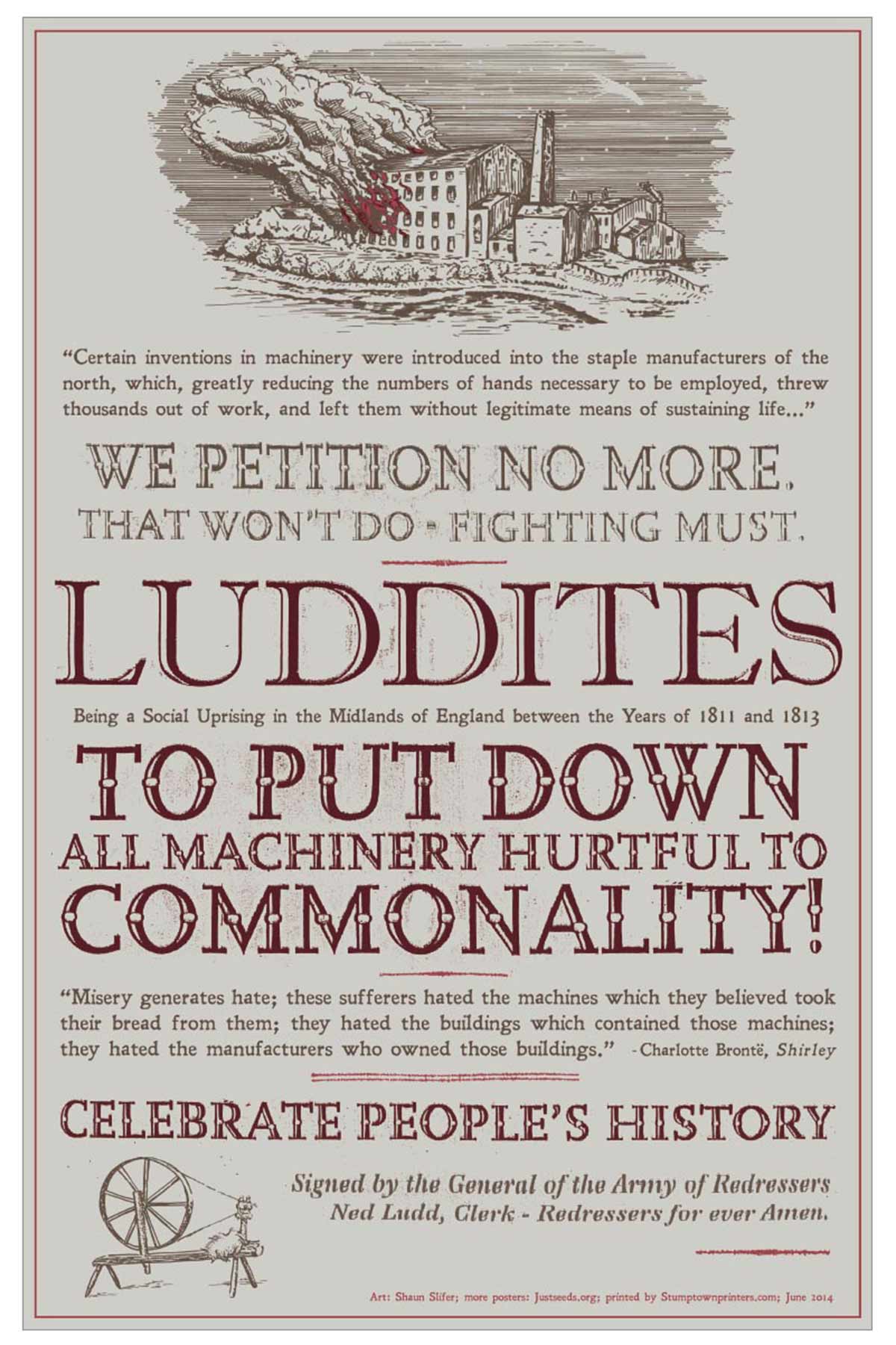 Modern poster by Shaun Slifer, recalling the Luddite riots in the early 19th century.