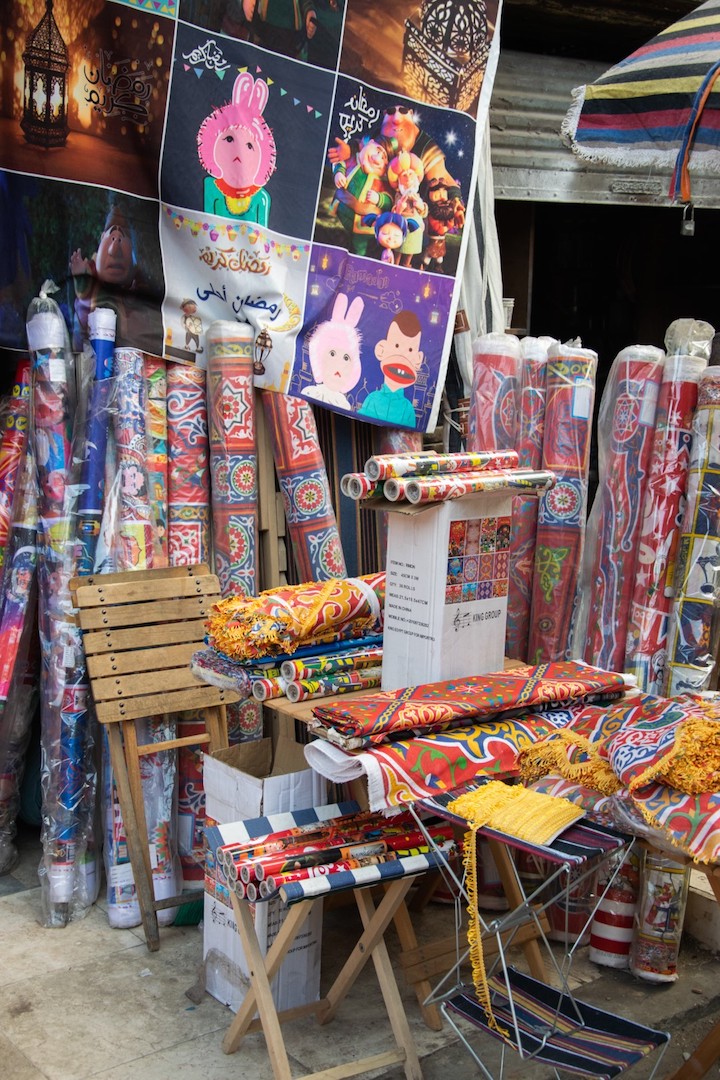Fig. 2. The outside presentation of Ramadan decorations in front of a textile shop in Ahmed Maher Street, Cairo, 2025. Photograph by Christina de Korte.