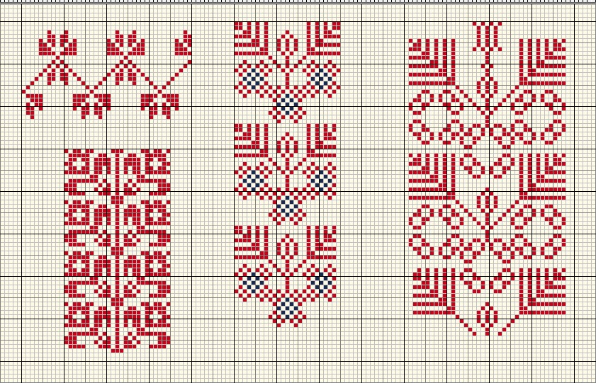 Charts of various forms of the carnation motif from the Ramallah area. Left to right: carnation (qrunful) or pretty carnation; carnation branch (iruq al-qrunful); carnation (qrunful), and another version of carnation (qrunful).