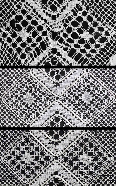 Detail of 's-Gravenmoer lace cap: On top the filling found on the lace cap as it is now; in the centre a filling of small 2 x 2 blocks, and at the bottom the reconstructed filling with crossings in between the small blocks.