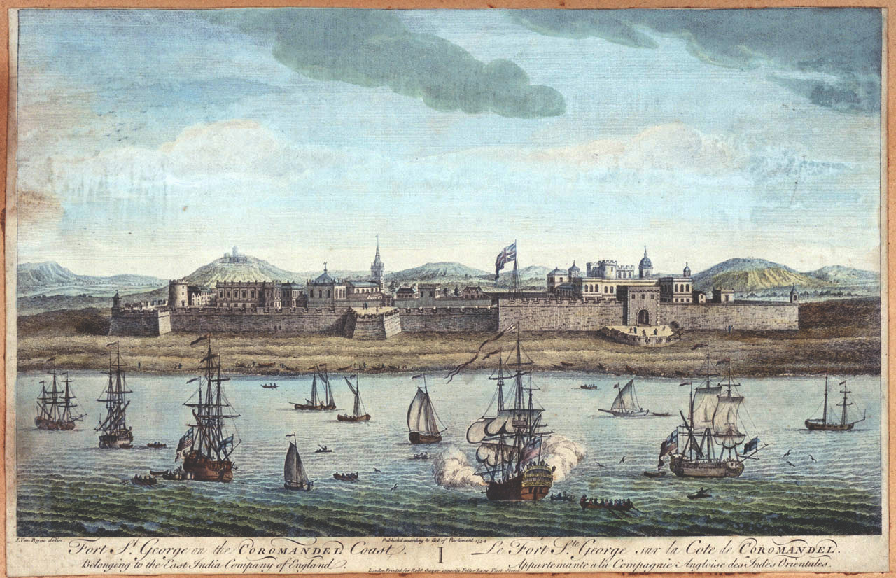 Print by Jan van Rijne of Fort St George in Madras, 1754 (Chennai), India, Open domain.