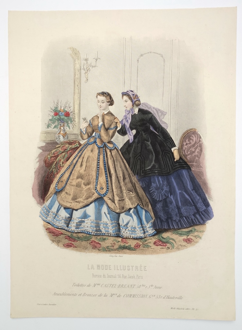 French fashion print depicting two women, one in indoor, the other in outdoor dress (TRC 2024.2393b).