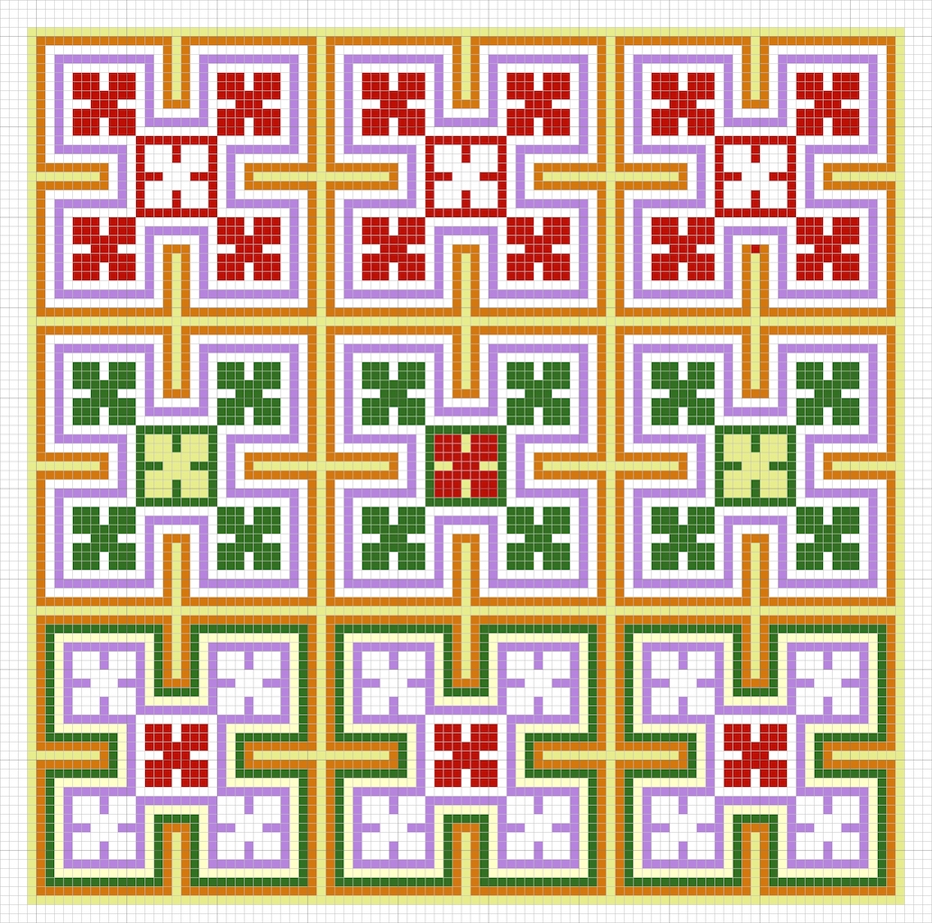 Chart of Pattern 2: Three rows of squares with ornate X-shapes worked in bronze, purple, red, white, green and yellow (chart by Gillian Vogelsang-Eastwood).