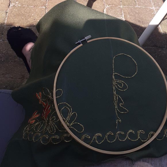 Working Bethlehem-style cord couching. Photograph by author.