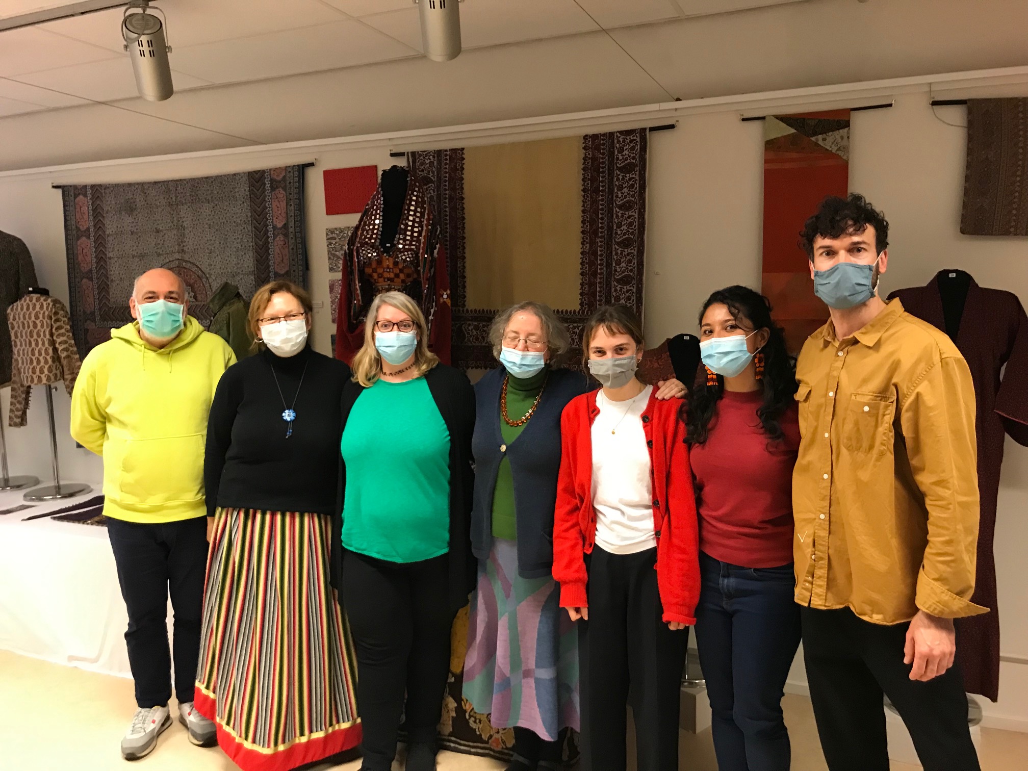 The participants of the November 2021 TRC Intensive Textile Course, at the end of the five days! The second woman from the left is wearing a hand-woven Estonian skirt.