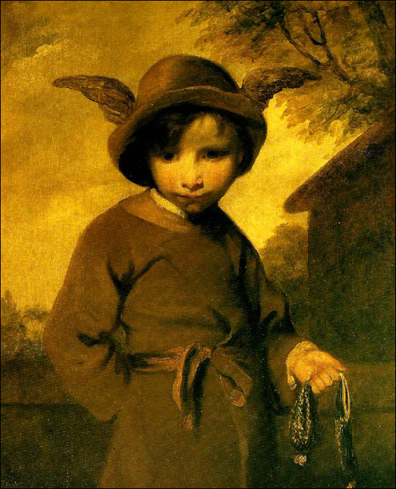 Joshua Reynolds: 'Mercury as cut purse', AD 1774. A boy, representing Mercury, is holding a miser's purse in his left hand. Courtesy Faringdon Collection Trust.