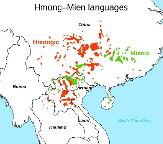 Fig. 1. Distribution of the Hmong–Mien language family. The Hmongic branch (Miao people) is shown in red. Retrieved from: https://tinyurl.com/bp92pmb8.