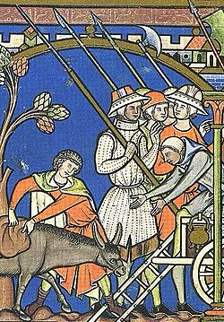 Fig. 7. Detail from an illustration in the Morgan Bible, showing men wearing quilted gambesons.