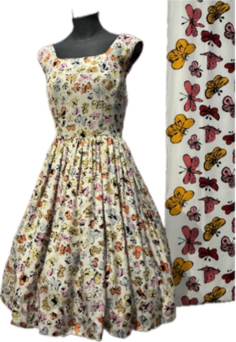 Left: “Happy Butterfly Day”. Printed silk, circa 1955-56. Manufacturer unknown; Right: “Large Butterflies”. Printed cotton, circa 1955-56. D. B. Fuller & Co., Inc.
