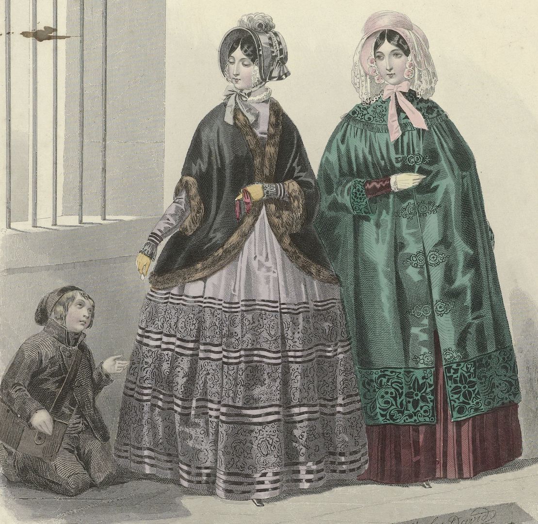 Detail of an illustration in Le Moniteur de la Mode, No. 95, 1845. The woman to the left is holding a 'bourse aumonière' in her left hand, and giving a coin (aumône) to a beggar.