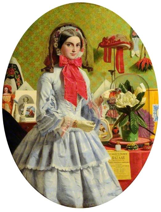 "At the bazaar", by James Collinson (1857). The woman is holding a miser's purse in her left hand. Courtesy Museums Sheffield (acc. no. No. VIS.11