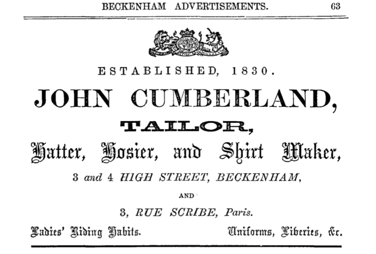 Advertisement for the Maison Cumberland, with establishments in London and Paris. 1862. 