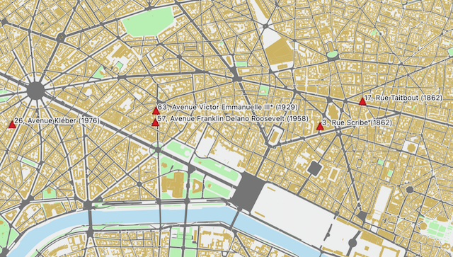 Map of Paris with the various addresses of the Maison Cumberland in the 19th and early 20th century. Note: years listed do not indicate first day of occupation but rather the year of publishing of historical sources which provide evidence of address.&nbsp;