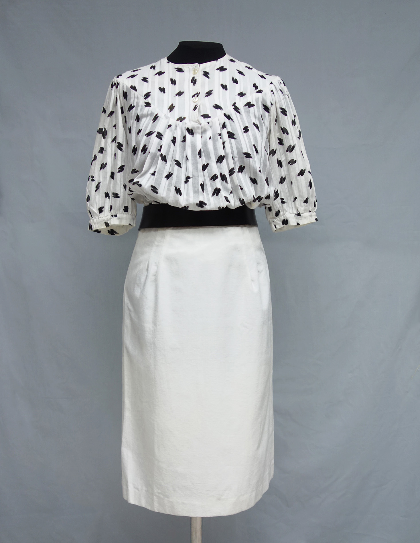 White blouse with black spots (TRC 2021.2983b), made in imitation of Princess's Diana blouse that she wore at Cirencester, 1983.