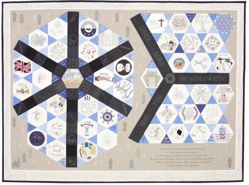 HMP Wandsworth quilt, worked by prisoners in HMP Wandsworth, UK, completed in 2010. Copyright Victoria and Albert Museum, T.27.2010.