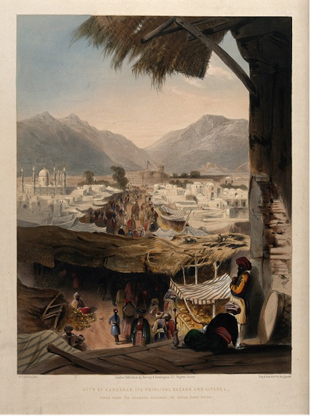 Coloured lithograph of the Kandahar bazaar, based on the work of James Rattray, 1847/48. Public domain.