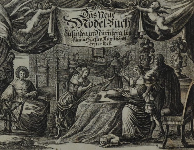 Frontispiece of Paulus Fürst's embroidery model book, with five women in a domestic scene with two men spying upon them.