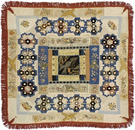 Quilt by Elizabeth Keckley, made from fabric remains of Mary Todd Lincoln’s dresses.