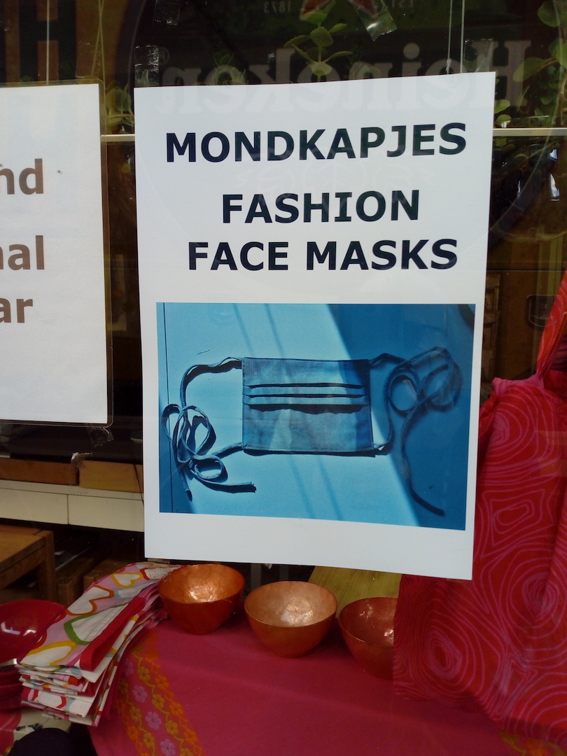 Fashion face masks for sale at a small shop in Alkmaar, the Netherlands. Photo by Shelley Anderson.
