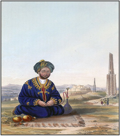 Coloured lithograph of Ghulam Haidar Khan, the governor of Kandahar when Harry Lumsden and his team stayed in the city in 1857-1858. After James Rattray (1847/1848), who portrayed the governor shortly after he was deposed as governor of Ghazni during the First Anglo-Afghan War. Public domain. 