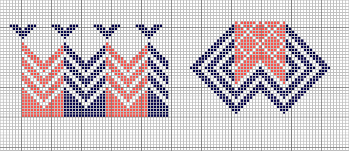 Two embroidery charts for dark blue and pinkish brown, geometric pattern darning from Senegal, western Africa, ca. 1930.
