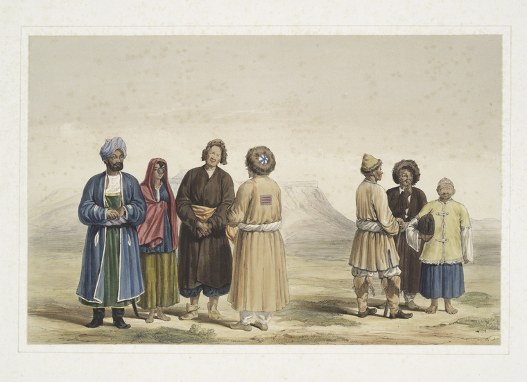 “Fort of Kelat-e-Giljee, a Chieftain and Female of the Giljee Tribe and Huzzareh Peasants.” Lithograph by Charles Haghe, after James Atkinson. Plate VII in Hart 1843 (coloured edition). Original size: 25.5 x 38.5 cm.
