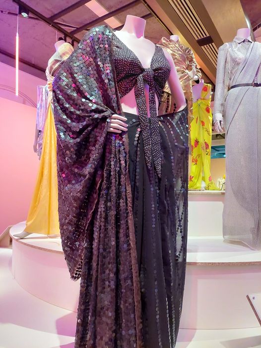 X-ray sequinned sari by Abraham & Thakore. From 2021, made from waste X-ray film and recycled PET bottles, with a hand-block printed blouse. Photo: Shelley Anderson.