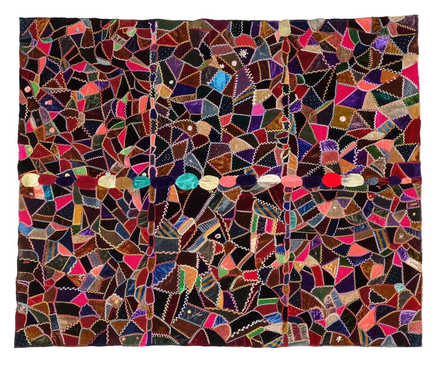 Late 19th century American 'crazy quilt', 159 x 135 cm, donated by Sherry Cook (TRC 2018.2407).