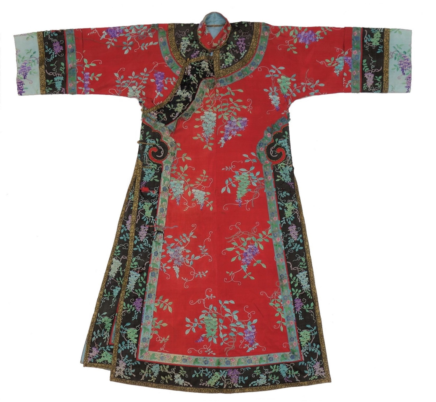 Hand embroidered bride's dress from 19th century China, decorated with wisteria flowers woven in a delicate tapestry weave (TRC 2018.2840).