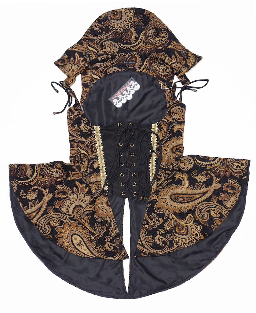 A modern steam punk corset in a paisley (buteh) material (TRC 2020.3832).